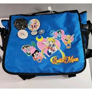 Sailor Moon Blue Messenger Bag Anime Crossbody Shoulder Bag w/ Pins Button...